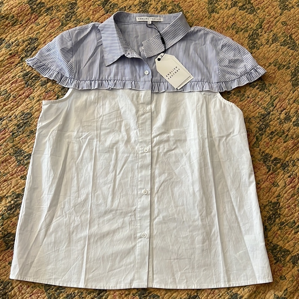 NWT English Factory Blue & White Striped Ruffle Button Down Shirt - Large